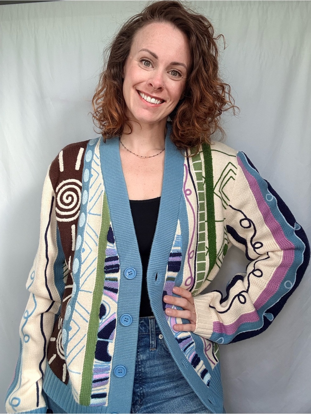 House of Sunny Hypnotise Victory Cardi Multicolor Patterned Cardigan — Blue Trim